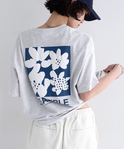 ANME tシャツ 前後ロゴ入りフラワープリント半袖Tシャツ レディース