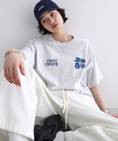 ANME tシャツ 前後ロゴ入りフラワープリント半袖Tシャツ レディース