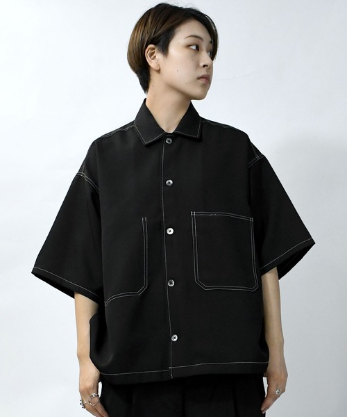 boohoo MAN★オーバーサイズ 半袖 ストライプ ボタン留め シャツ Starting Over シャツ oversize stitching shirt/オーバーサイズ