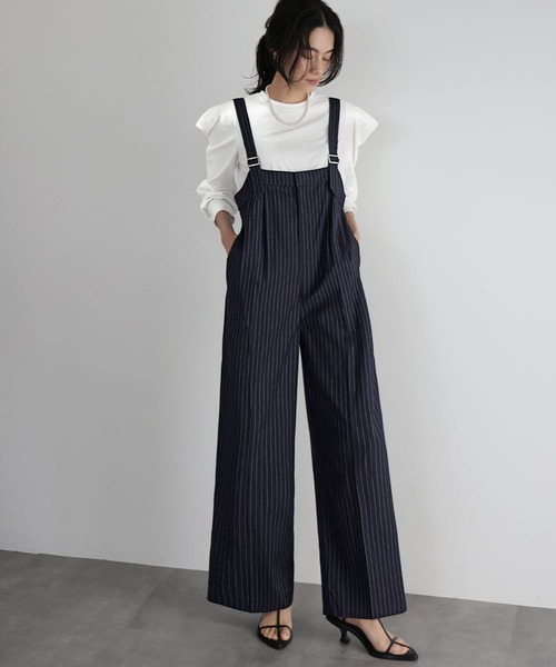 ストライプ オーバーオール レディース She's Closet サロペット オーバーオール フロントジップタック