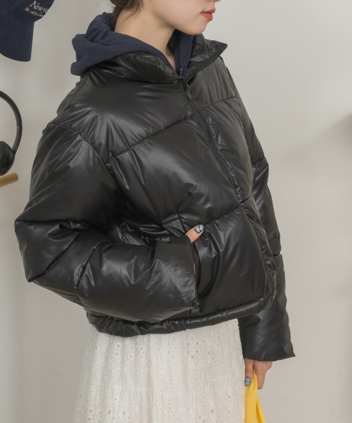 ろこ ブラック ショート丈 ダウンジャケット サイズFREE Birthday room ダウンコート ダウンジャケット スタンドカラーショート