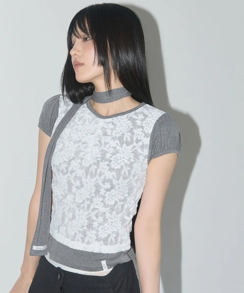 A'GEM/9 × .kom 「 FANCY CLUB/ファンシークラブ」 LACE SHIRRING TOP ＆ SCARF/レースシャーリングトッ
