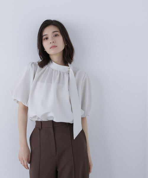 リネンライクサイドタイブラウス　S サイズ NATURAL BEAUTY BASIC ブラウス シャツ リネンライクサイドタイ