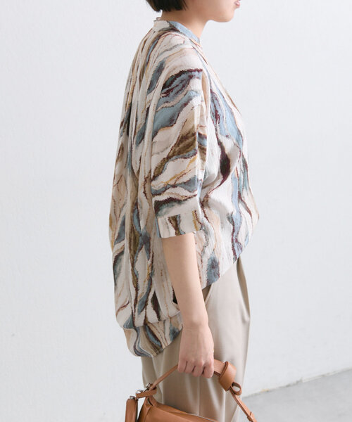 <お値下げ>ear PAPILLONNER バンドカラープリントブラウス ear PAPILLONNER ブラウス シャツ バンドカラープリント半袖