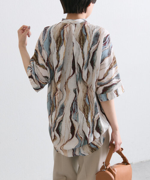 <お値下げ>ear PAPILLONNER バンドカラープリントブラウス ear PAPILLONNER ブラウス シャツ バンドカラープリント半袖