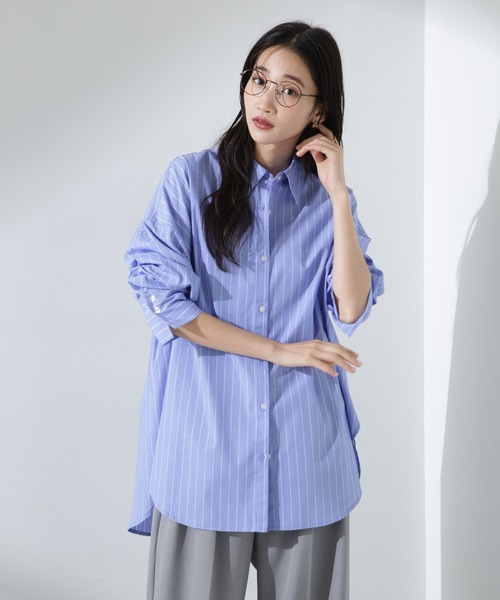 ブルーシャツ　 M ラグスタイル LUXSTYLE 総柄プリント長袖シャツ/長袖シャツ