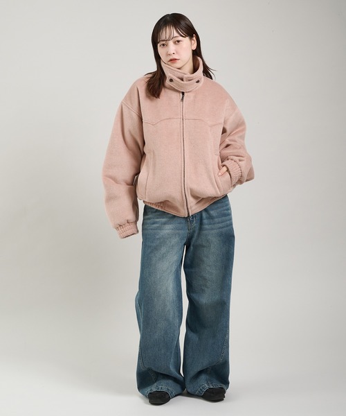 Perushu ブルゾン アウター ウール混シャギースタンドネックフライト