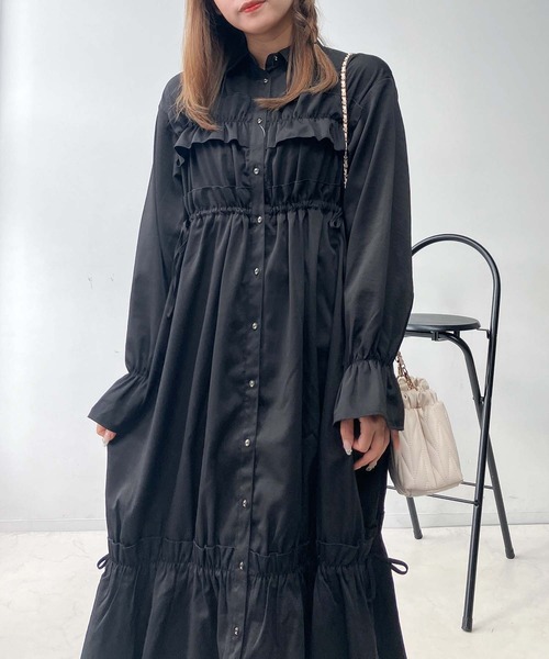 高級感✨アディアム ロングワンピース フリル リボン フード 黒 近年モデル S AS KNOW AS（アズノゥアズ） ワンピースフリルとリボン前開き