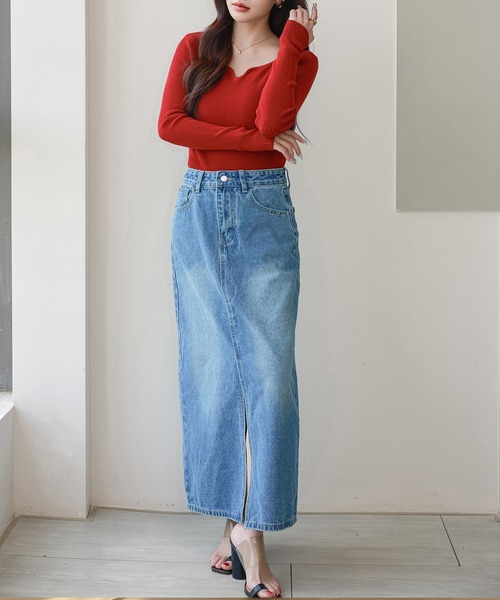 DAY CLOSET デニムスカート 「縦ラインで脚長効果/ピーチスキン加工