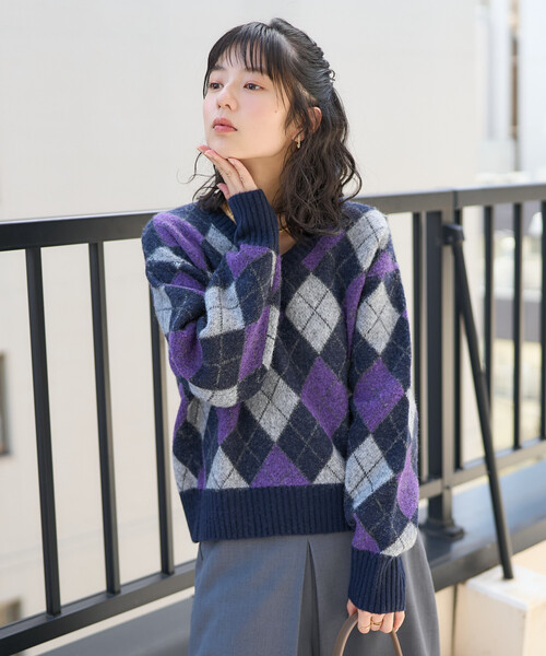 FREAK'S STORE ニット セーター アーガイルVネックニット レディース