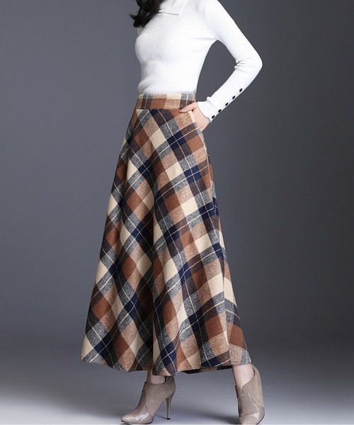LUCPY スカート ヴィンテージタータンチェックフレアロングスカート