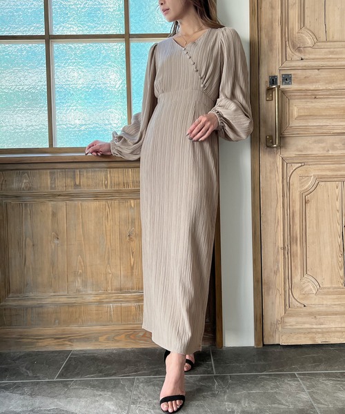 「JUNOAH」 長袖ワンピース X-LARGE グレイッシュベージュ レディース_画像4