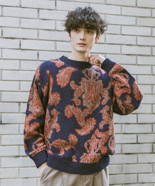 メンズウェア COLORFUL GEOMETRY PATTERN JQD KNIT CREW RAGEBLUE（レイジブルー） セーター ニット Damask Pattern Jacquard