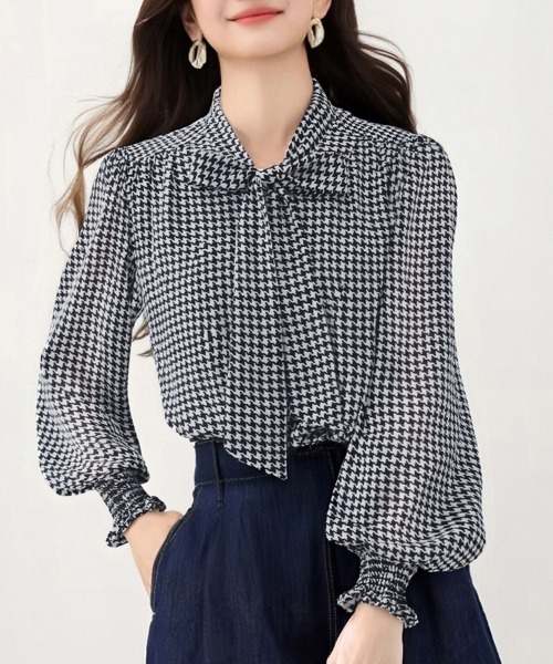 ブラウス シャツ 千鳥格子柄×ボウタイ付きブラウス レディース
