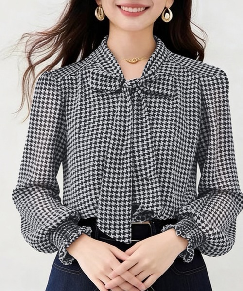ブラウス シャツ 千鳥格子柄×ボウタイ付きブラウス レディース