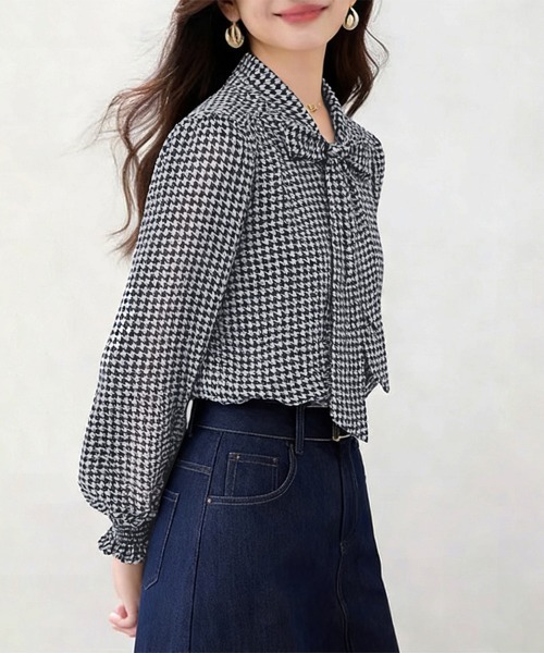 良品 LANVIN COLLECTION 千鳥格子 リボンブラウス 40 黒 良品 LANVIN COLLECTION 千鳥格子 リボンブラウス 40 黒 良品 LANVIN