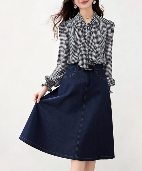 ブラウス シャツ 千鳥格子柄×ボウタイ付きブラウス レディース