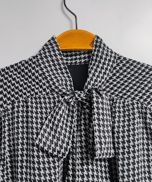 ブラウス シャツ 千鳥格子柄×ボウタイ付きブラウス レディース