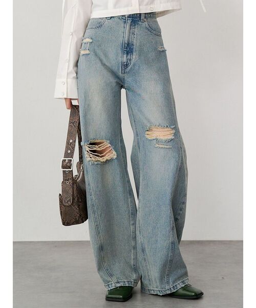 MURUA レディース フレアデニムパンツ ハードクラッシュ ダメージ加工 MURUA（ムルーア） ワイドパンツ ジーンズ デニム デニムパンツ バレル