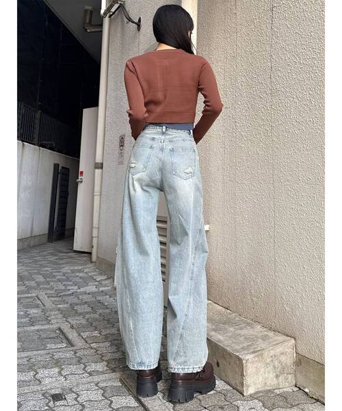 MURUA レディース フレアデニムパンツ ハードクラッシュ ダメージ加工 MURUA（ムルーア） ワイドパンツ ジーンズ デニム デニムパンツ バレル