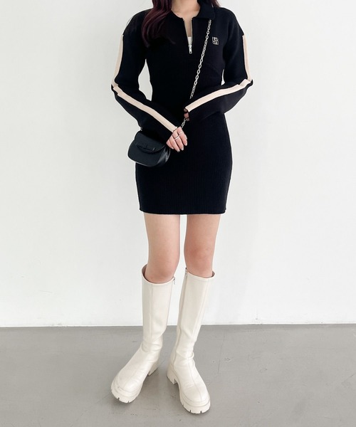 「Heather」 ニットワンピース FREE ネイビー×ホワイト レディース_画像4