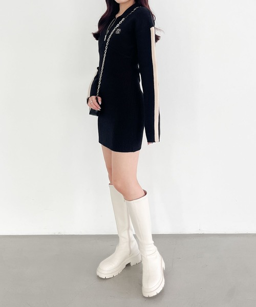 「Heather」 ニットワンピース FREE ネイビー×ホワイト レディース_画像5