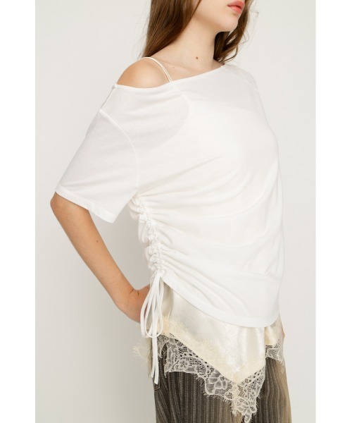 SLY（スライ） tシャツ 半袖 SATIN LACE DOCKING TOPS サテンレース