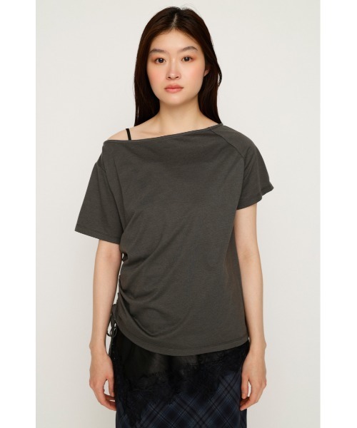 SLY（スライ） tシャツ 半袖 SATIN LACE DOCKING TOPS サテンレース
