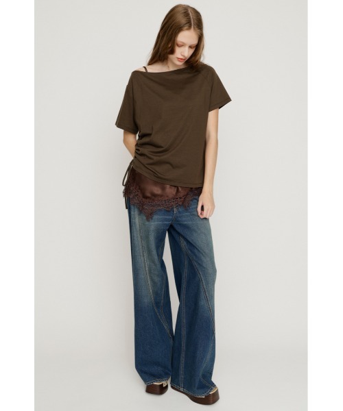 SLY（スライ） tシャツ 半袖 SATIN LACE DOCKING TOPS サテンレース