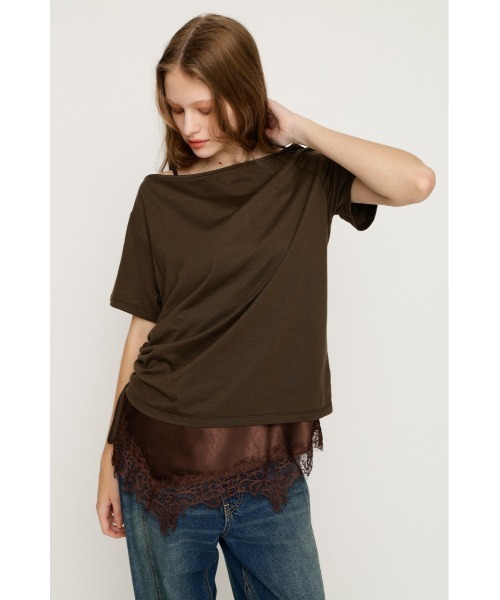 SLY（スライ） tシャツ 半袖 SATIN LACE DOCKING TOPS サテンレース