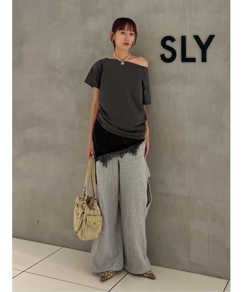 SLY（スライ） tシャツ 半袖 SATIN LACE DOCKING TOPS サテンレース