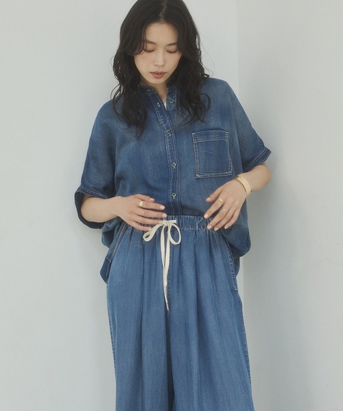 hunch（ハンチ） ブラウス シャツ 夏 半袖 シアーデニム オーバー半袖 