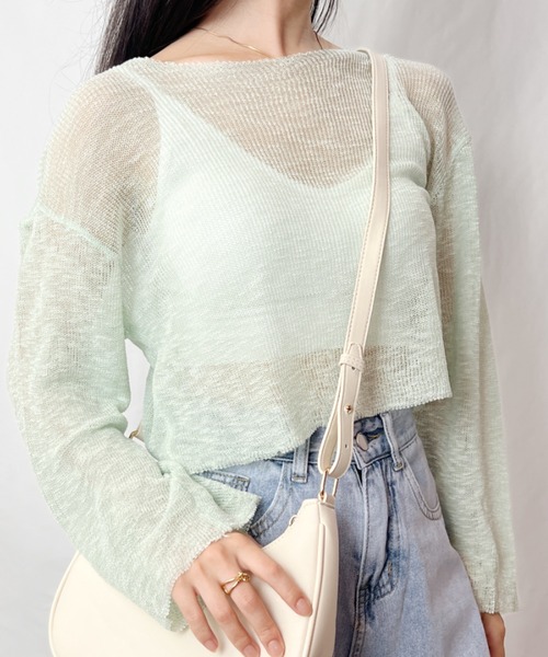 tシャツ シースルーメッシュクロップドボートネックプルオーバー