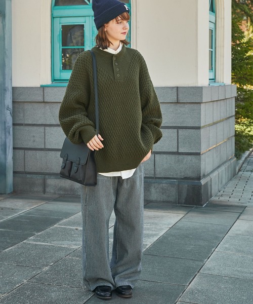 ニット セーター サーマル編みニットヘンリーネックミリタリージープ