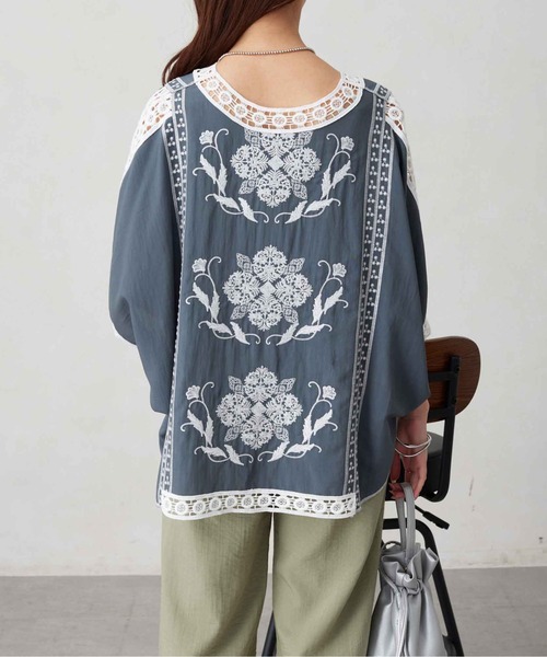 ブラウス シャツ ボタニカル刺繍プルオーバーブラウス レディース Chez toi ブラウス シャツ ボタニカル刺繍ドルマンプルオーバー