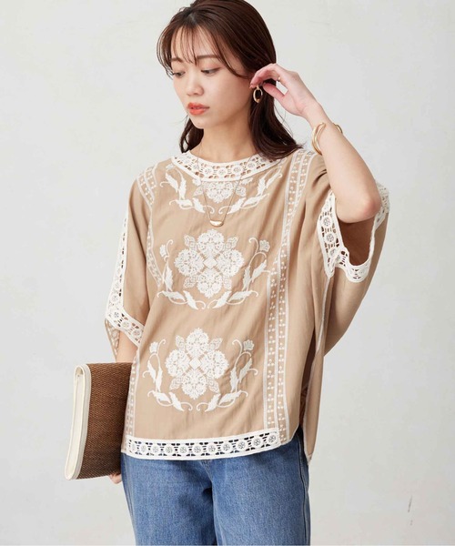 ブラウス シャツ ボタニカル刺繍プルオーバーブラウス レディース Chez toi ブラウス シャツ ボタニカル刺繍ドルマンプルオーバー