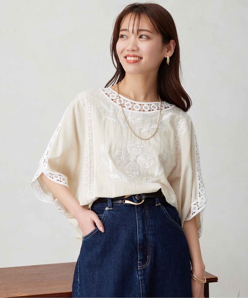 Chez toi ブラウス シャツ ボタニカル刺繍ドルマンプルオーバー