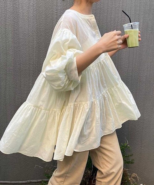 ブラウス シャツ ティアードバルーンスリーブチュニックブラウス レディース