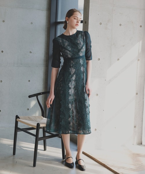 【andresd】レースドレス　ダークグリーン　パフスリーブ　オケージョンドレス ANDRESD ドレス puff sleeve motif lace dress パフスリーブ