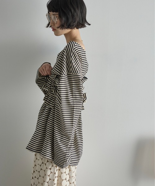 長袖Tシャツ ルーズフィット ボーダー Uネック スウェットシャツ THE Yon tシャツ フリルビスチェセットルーズフィットロンT