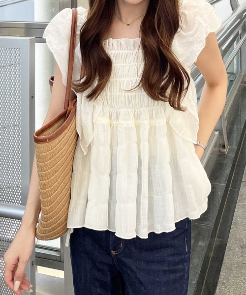 nelliy. ブラウス シャツ フリルシャーリングシアーブラウス