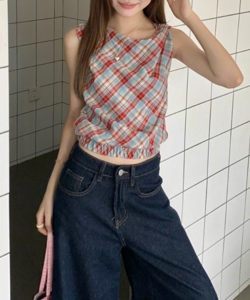 LADY LIKE ブラウス シャツ 「春夏新作」背中開きチェック柄