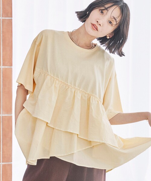 coen（コーエン） tシャツ 半袖 ピグメントフリルドッキングT