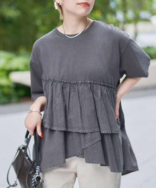 coen tシャツ ピグメントフリルドッキングT レディース