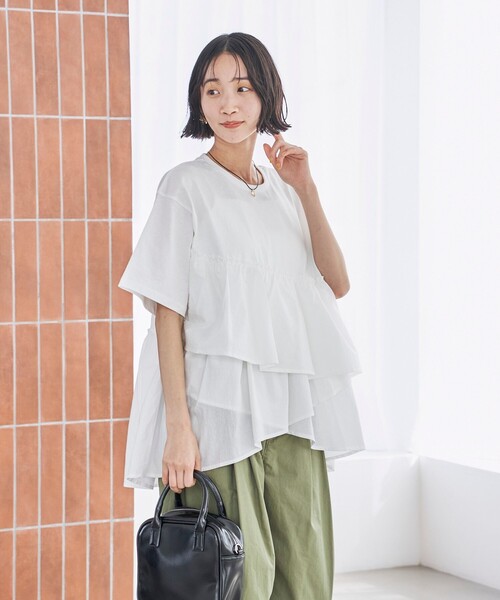 coen（コーエン） tシャツ 半袖 ピグメントフリルドッキングT
