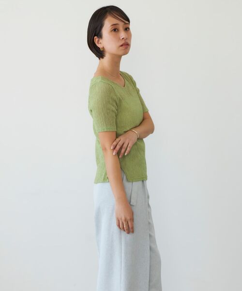 tシャツ シアーリンクルハーフスリーブプルオーバー 「低身長・小柄女性」 レディース index tシャツ シアースリーブハートネックトップス「洗濯機洗い