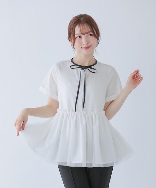 Fitmore バイカラーパイピングネックチュールペプラムトップス ペプラム Fit more バイカラーパイピングネックチュールペプラムトップス