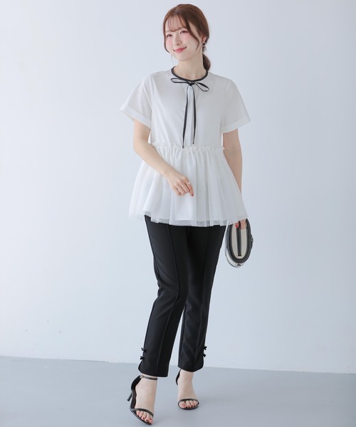 Fit more バイカラーパイピングネックチュールペプラムトップス