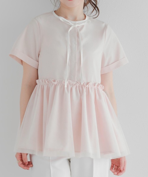 Fitmore バイカラーパイピングネックチュールペプラムトップス ペプラム Fit more バイカラーパイピングネックチュールペプラムトップス