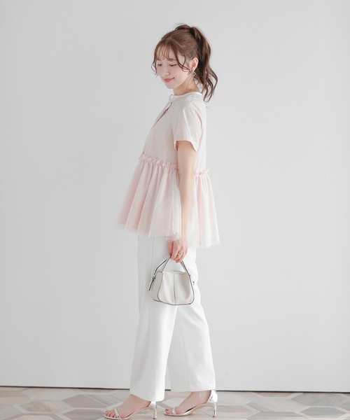 Fitmore バイカラーパイピングネックチュールペプラムトップス ペプラム Fit more バイカラーパイピングネックチュールペプラムトップス